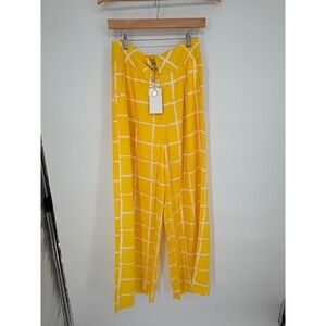 Moon River Yellow White Windowpane Grid Wide High Waist Pants Large NEW anthro